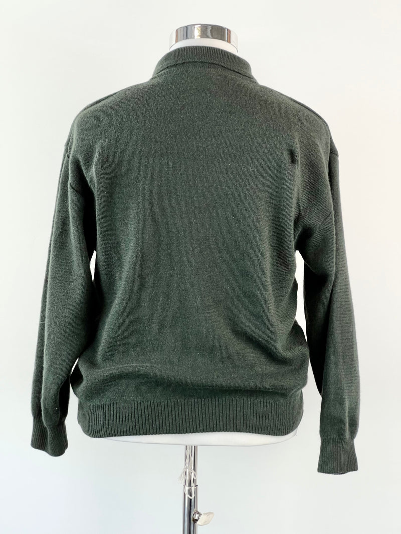 Vintage Forest Green Wool Knit Collared Jumper - M