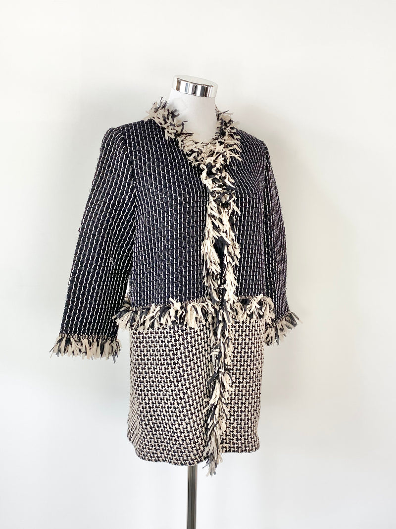 St John Black & White Fringed Woven Cardigan - AU12