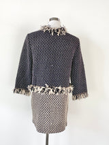 St John Black & White Fringed Woven Cardigan - AU12