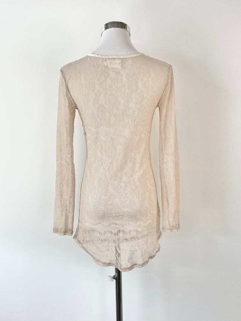 Flannel Taupe Embroidered Lace Long Sleeve Top - AU8