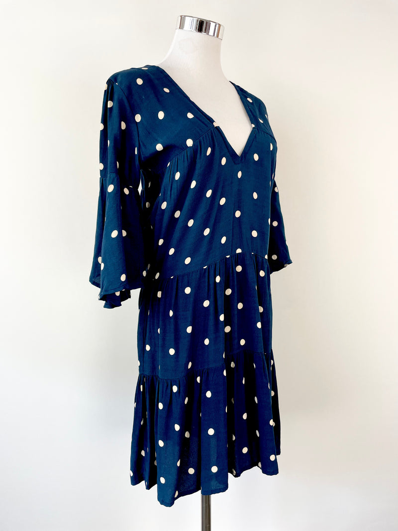 Faithfull The Brand Blue Dotted Short Sleeve Dress - AU8
