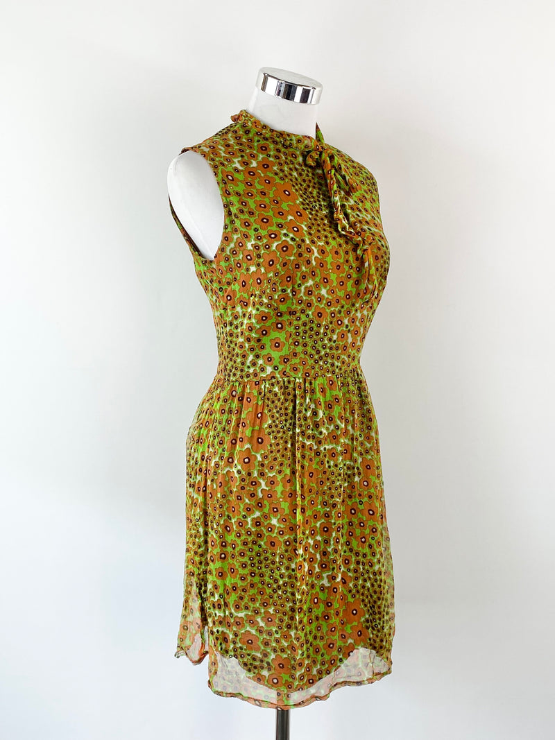 Vintage 70s Green & Tan Floral Dress - AU8