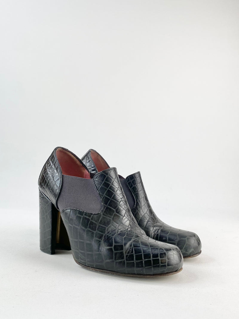 John Fluevog Black Reptile Textured Heeled Ankle Boots - EU36