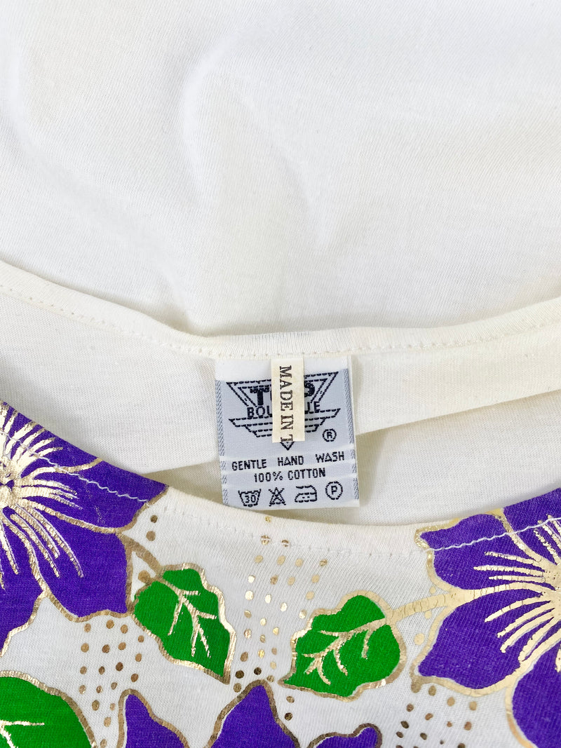 80s White Purple Floral Cotton Shirt - AU12