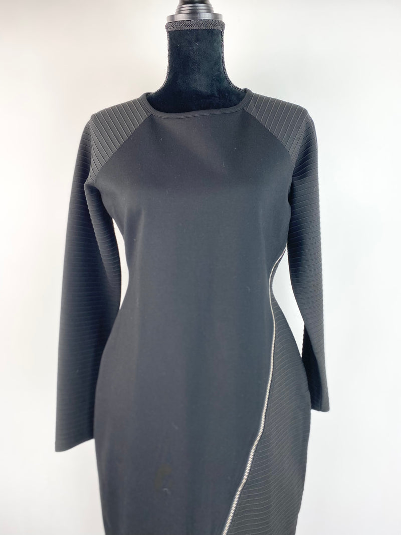 Karen Millen Black Long Sleeved Asymetrical Zipper Dress - AU 10