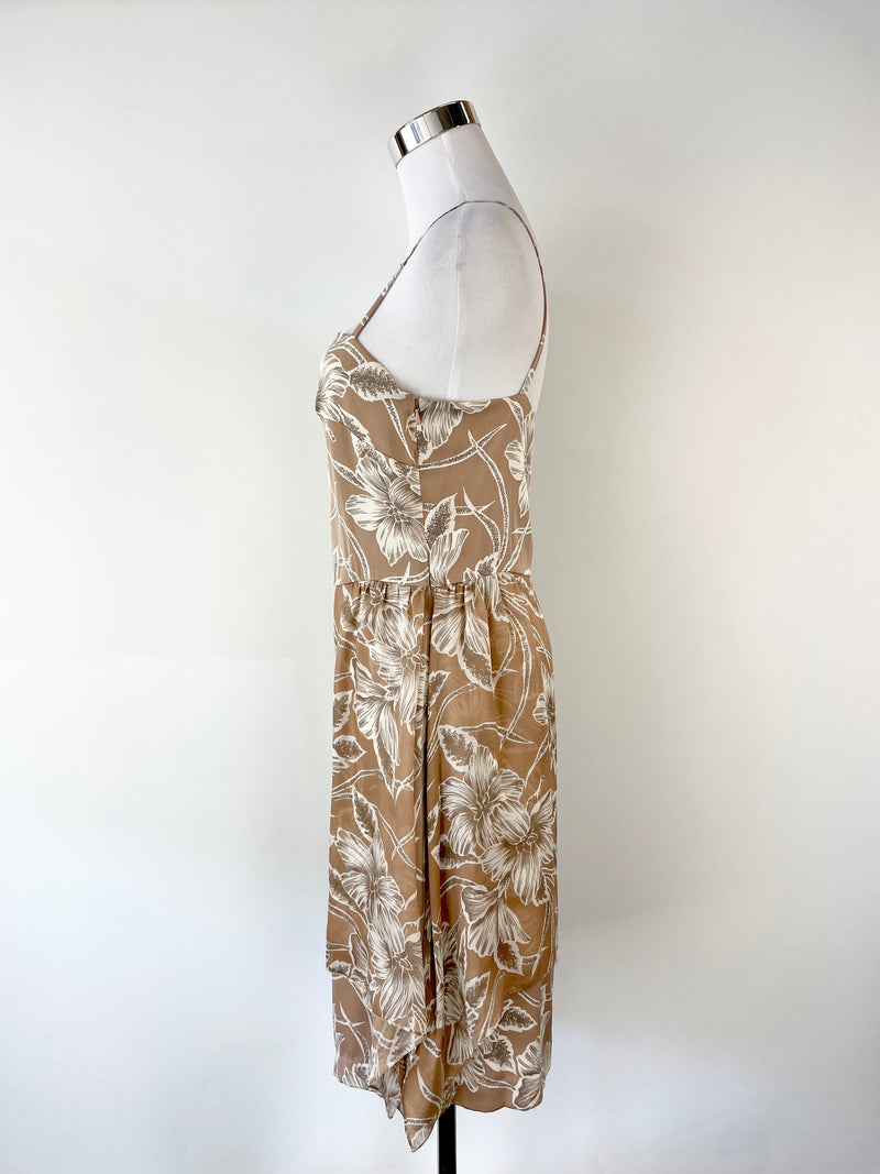 Collette Dinnigan Taupe Floral Silk Dress - AU10