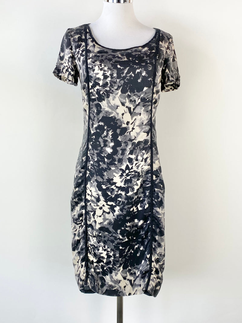 Laura Ashley Grey Silk Floral Midi Dress - AU6