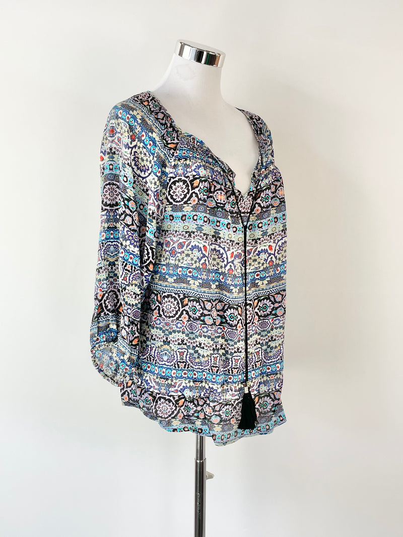 Kachel Blue Boho Print Silk Top - AU10