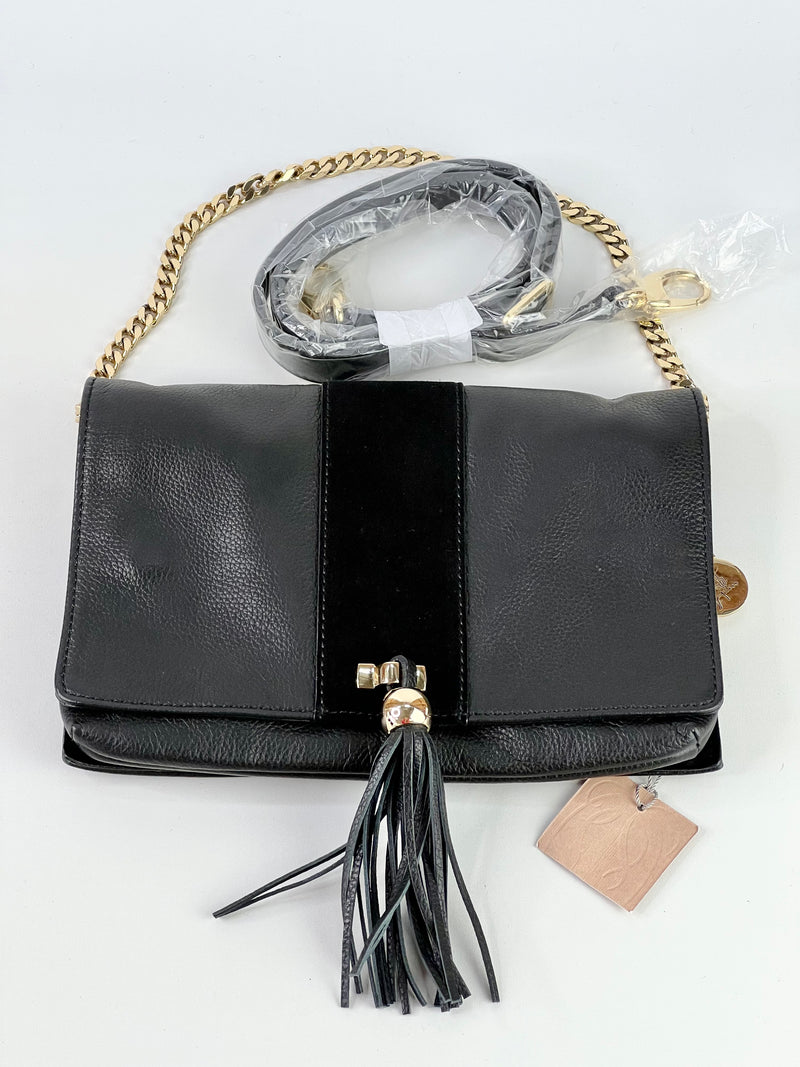 Tilkah Black Leather + Suede Tassel Crossbody Bag NWT