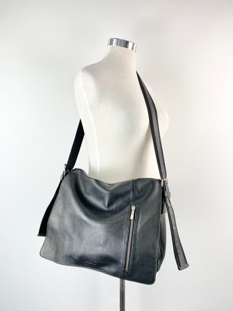 Pierre Cardin Black Pebbled Leather Messenger Bag