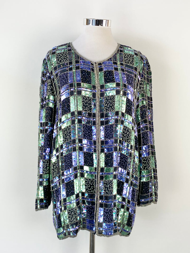 Sihouette Plaid Patterned Sequin & Beaded Cardigan - AU16
