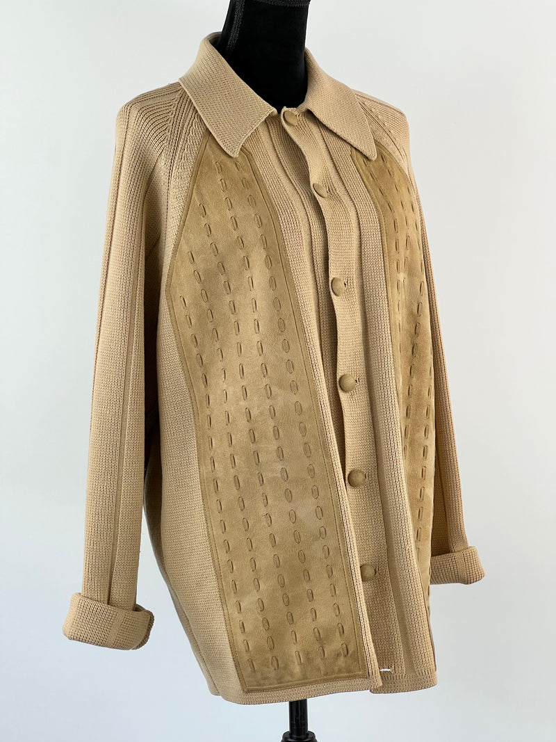 70s Flaxen Merino Wool & Suede Cardigan - Size Large