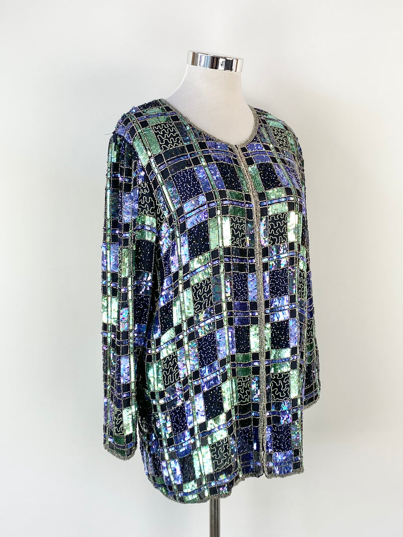 Sihouette Plaid Patterned Sequin & Beaded Cardigan - AU16
