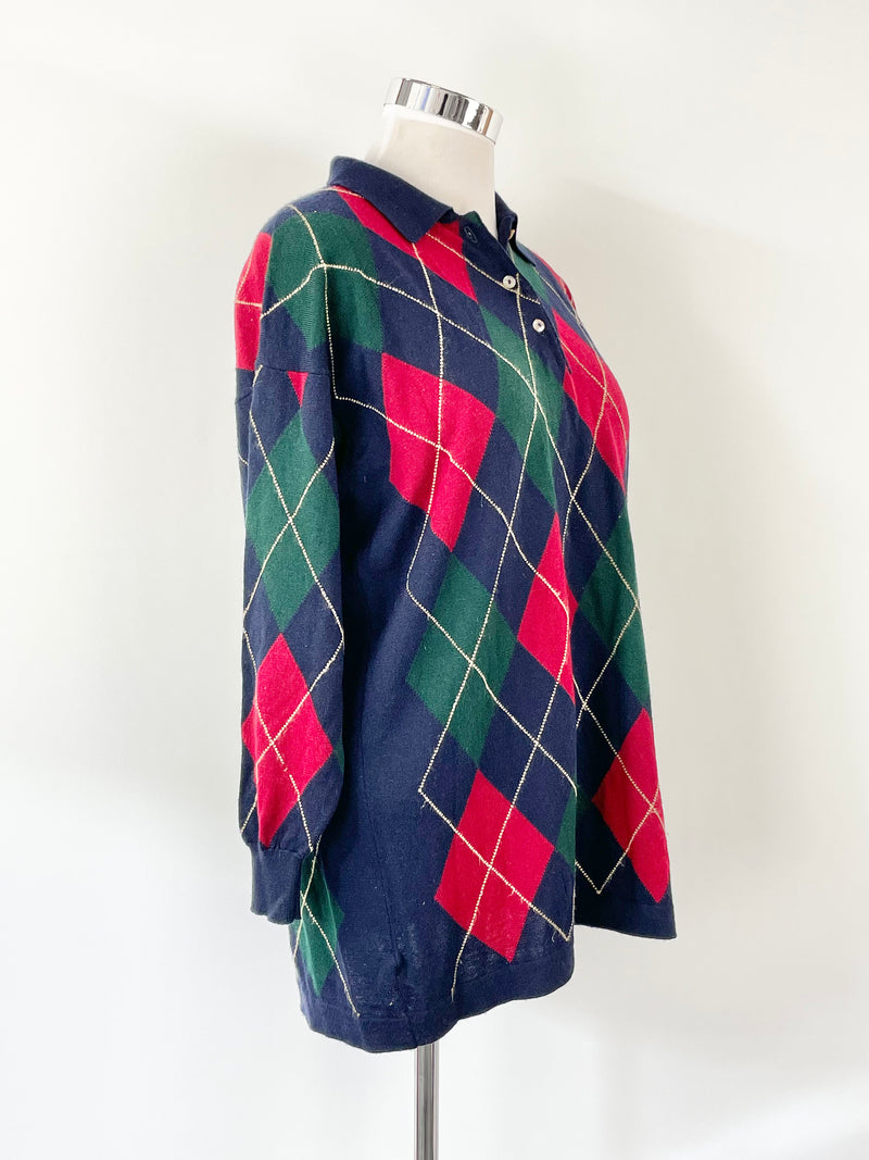 Pringle of Scotland Vintage Navy Blue Argyle Wool Jumper - XL