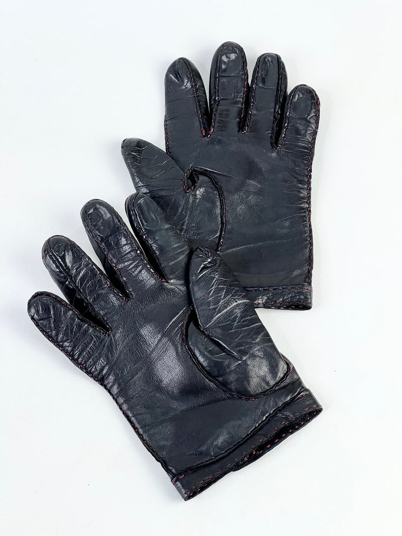 Vintage Black Leather Gloves with Red Love Heart