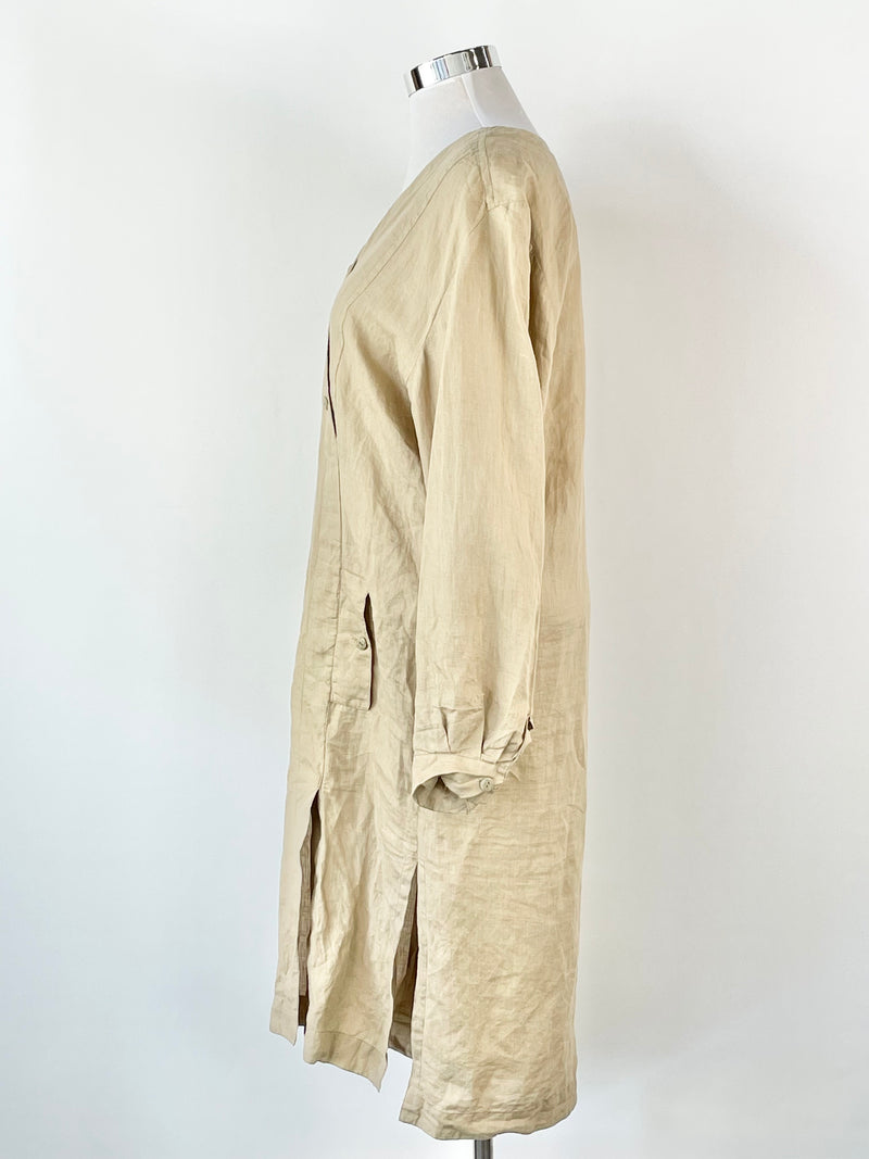 Italian Made Beige Linen Long Sleeve Dress - L