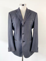 Giorgio Armani Charcoal Blue Pinstriped Wool & Silk Blazer - size 52