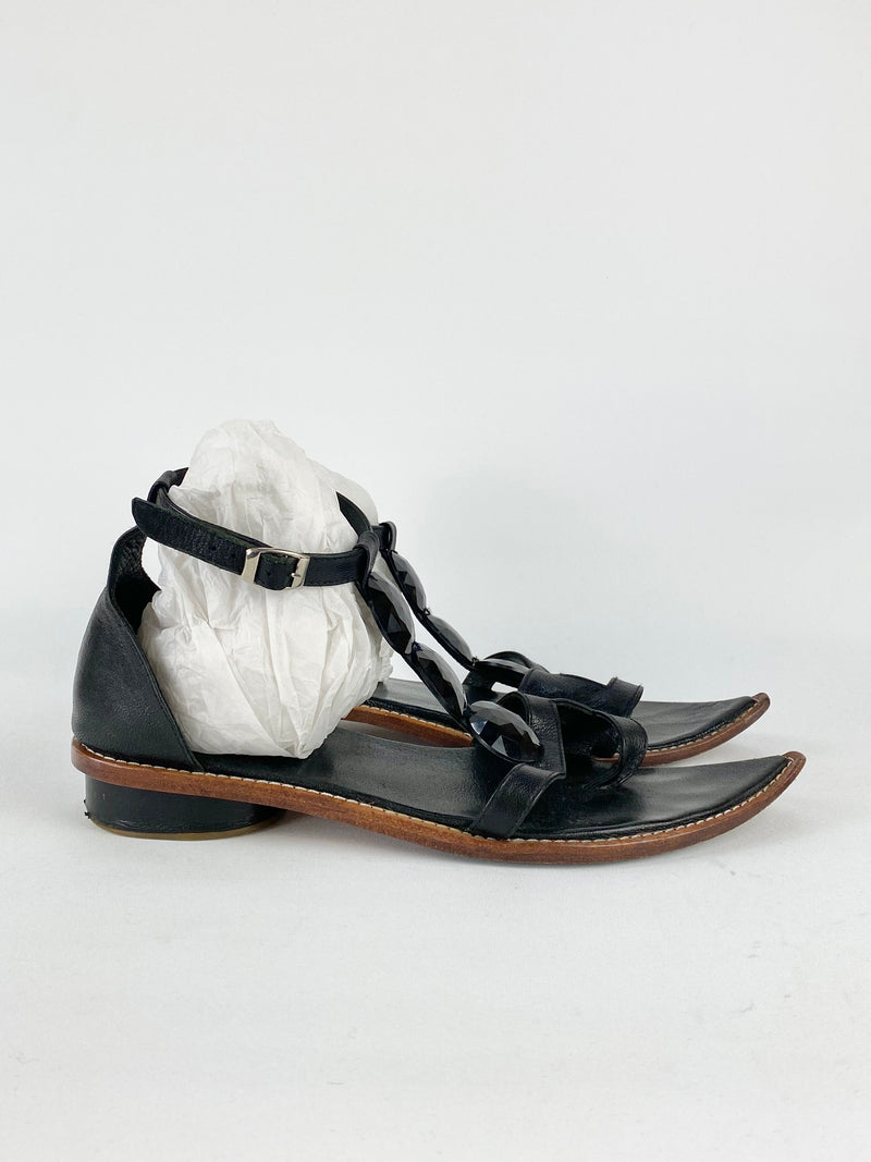 Nicola Finetti Black Pointed Leather Bejewlled Sandals - EU40