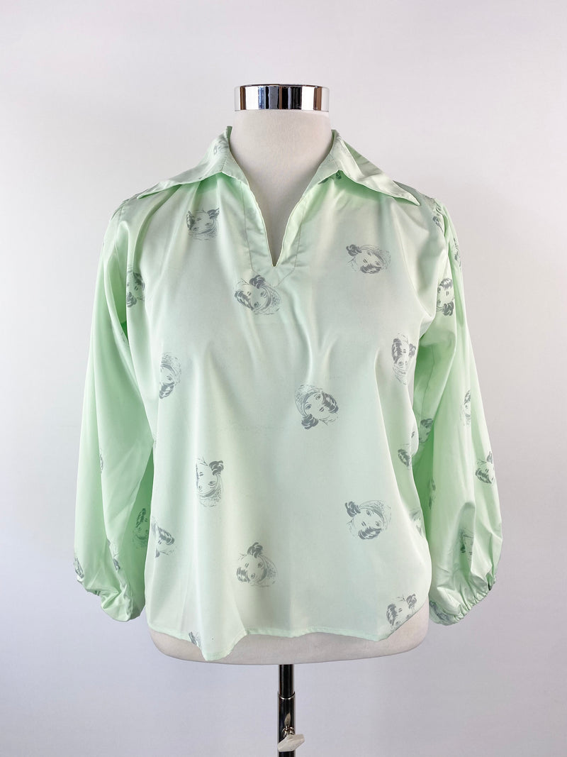Vintage Mint Green Mutton Sleeve Top - AU12