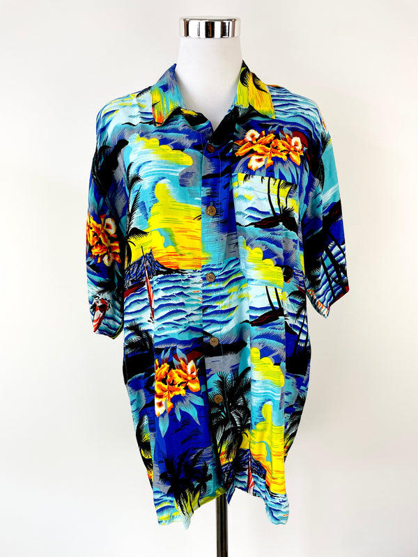 Retro Hawaiian Style Patterned Short Sleeve Shirt - L